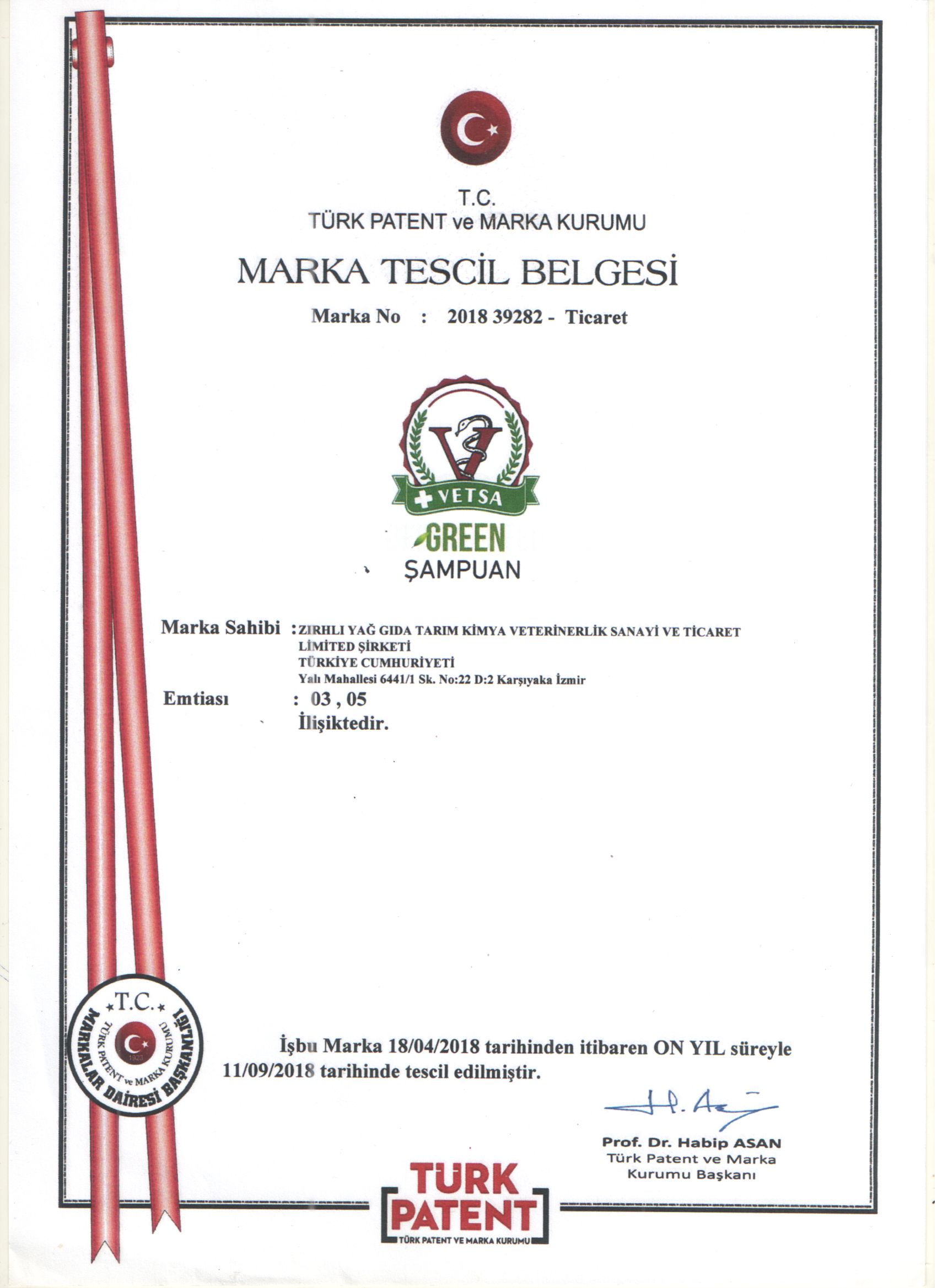 VETSA GREEN SHAMPOO MARKA TESCİL BELGESİ